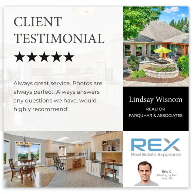 ⭐⭐⭐⭐⭐ Great job as always Eric!
Thank you Lindsay Wisnom for your 5 star review!
.
#realestateexposuresphotographer #rexsquad #5StarReview #satisfiedcustomer #teamwork #yorkpa